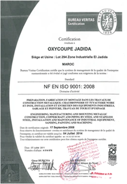 Certificat NF EN ISO 9001 délivré par Bureau Veritas à Oxycoupe Jadida