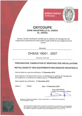 Certificat OHSAS 18001 délivré par Bureau Veritas à Oxycoupe Jadida